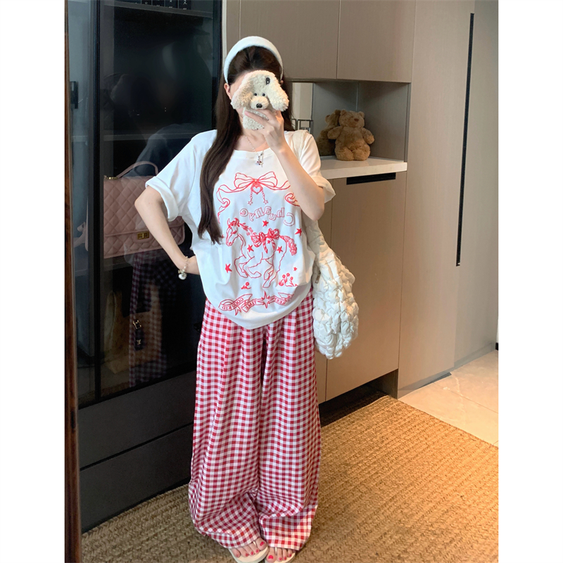 루즈핏 에디션 실사 빅 사이즈 여름 지방 mm 긍정적 인 어깨 나비 매듭 작은 말 프린트 반팔 면 소재 루즈핏 티셔츠 여성