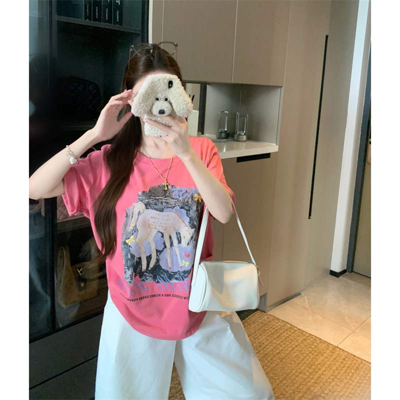 루즈핏 에디션 실사 빅 사이즈 여성 의류 여름 지방 mm 긍정적 인 어깨 면 소재 반팔 작은 말 프린트 다용도 루즈핏 티셔츠