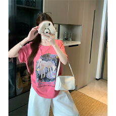 批发宽松版 实拍 大码女装夏季胖mm正肩棉质短袖小马印花百搭宽松T恤