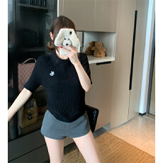 批发实拍 大码夏季胖mm正肩polo翻领黑色短袖白标针织<b class='q'>薄</b>款短款上衣女