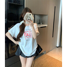 批发宽松版 实拍大码夏季胖mm正肩纯棉短袖白色小狗印花宽松T恤上衣<b class='q'>女</b>