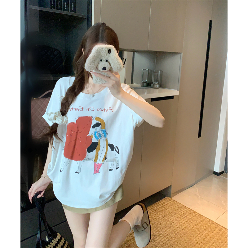 루즈핏 에디션 실사 빅 사이즈 여름 지방 mm 긍정적 인 어깨 반팔 재미있는 투우사 프린트 면 소재 루즈핏 티셔츠 여성