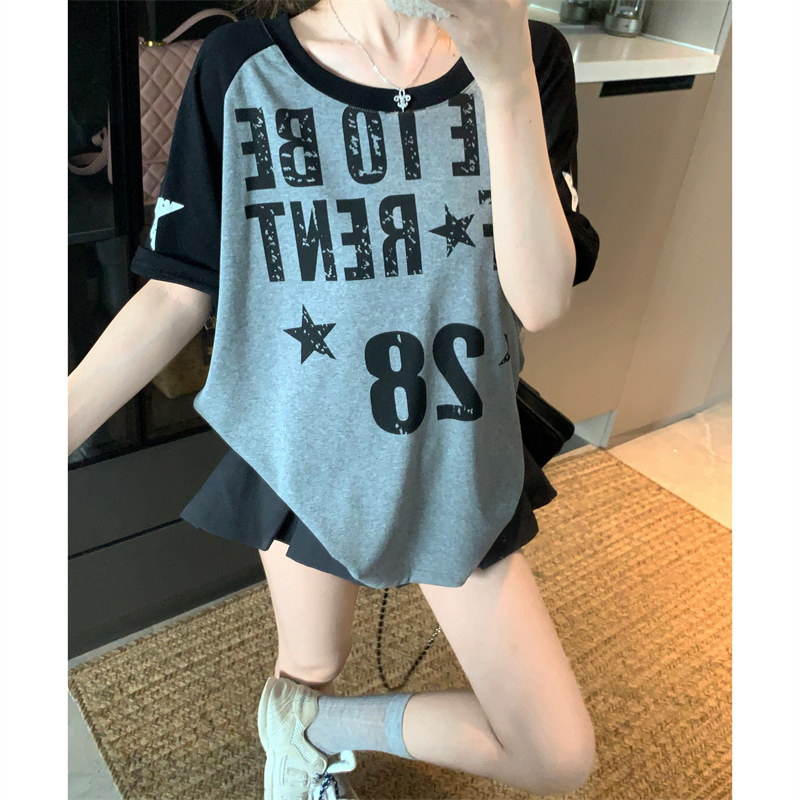 루즈핏 에디션 실사 빅 사이즈 여름 지방 mm 아메리칸 핫걸 숫자 프린트 배색 면 소재 반팔 루즈핏 티셔츠 여성