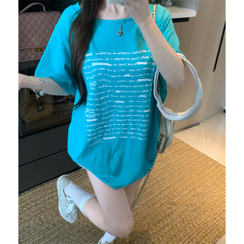 실사 빅 사이즈 지방 mm 긍정적 인 어깨 슬림해 보이는 디스플레이 화이트 여름 알파벳 프린트 다용도 순면 반팔 루즈핏 티셔츠 여성