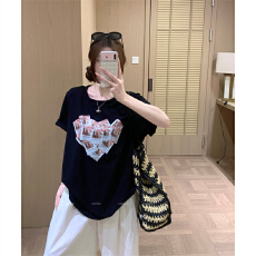 批发实拍 大码女装夏季胖mm正肩棉质爱心画报印花短袖宽百搭t恤上衣
