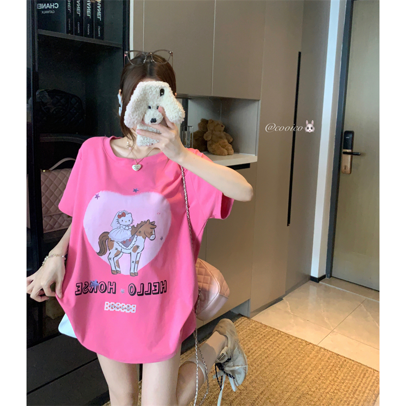 실사 빅 사이즈 여름 지방 mm 만화 하트 홍당무 웨딩 드레스 트로이 목마 순면 통통한 여동생 반팔 루즈핏 티셔츠 여성