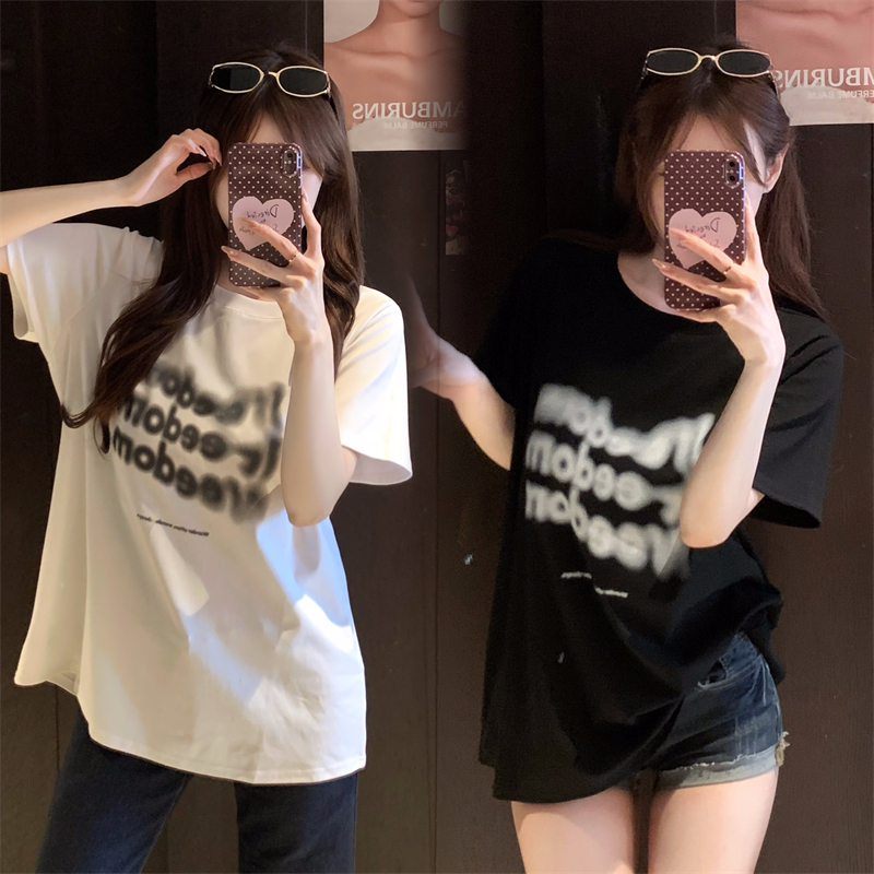 실사 빅 사이즈 여름 지방 mm 긍정적 인 어깨 한 부서 캐주얼 바람 흐림 알파벳 프린트 티셔츠 루즈핏 반팔 맨위 여성