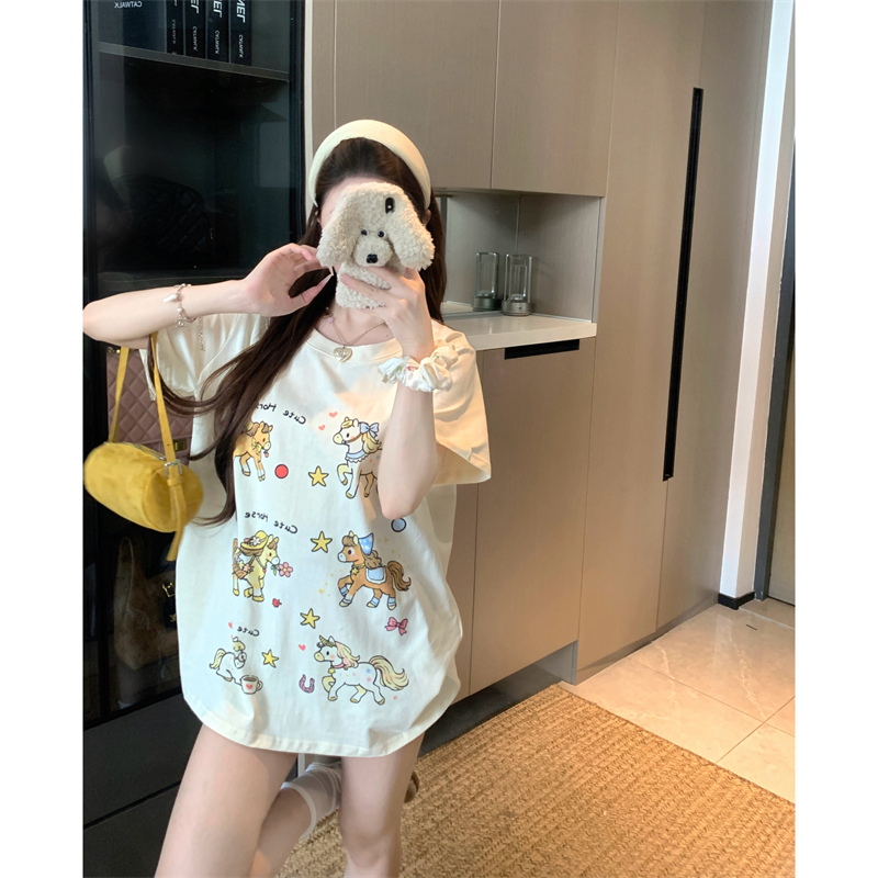 실사 빅 사이즈 여성 의류 여름 지방 mm 한 부서 만화 귀여운 작은 말 프린트 긍정적 인 어깨 면 소재 루즈핏 반팔 티셔츠