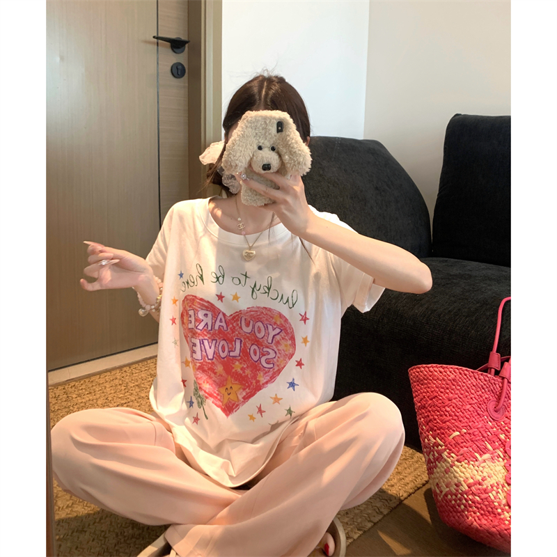 실사 빅 사이즈 여성 의류 여름 지방 mm 라운드 넥 긍정적 인 어깨 반팔 화이트 하트 낙서 순면 루즈핏 티셔츠 맨위