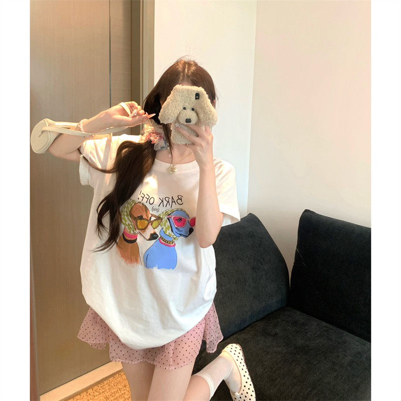 실사 빅 사이즈 여성 의류 여름 지방 mm 재미있는 강아지 프린트 패션 다용도 순면 루즈핏 반팔 티셔츠 맨위