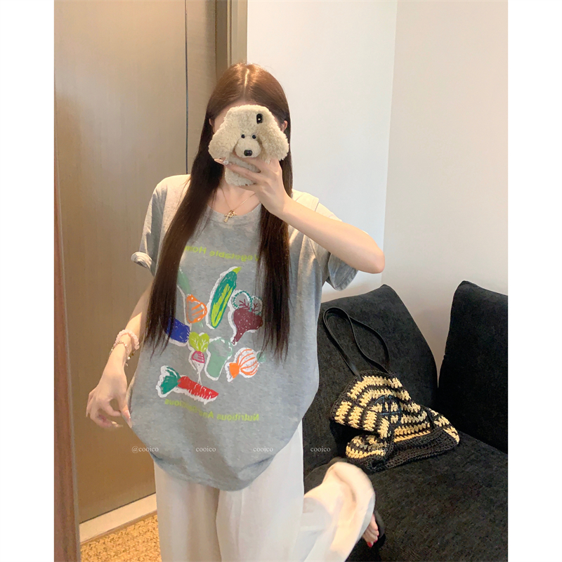 실사 빅 사이즈 여성 의류 여름 지방 mm 긍정적 인 어깨 한 부서 느긋한 느슨함 센스 야채 프린트 반팔 티셔츠 맨위