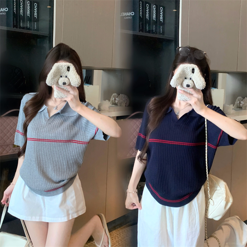 실사 빅 사이즈 여성 의류 여름 통통한 여동생 POLO 칼라 지방 mm 니트 스웨터 마이크로 지방 반팔 배색 다용도 맨위