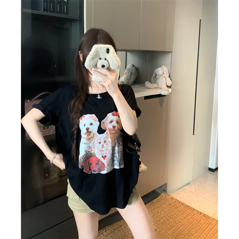 실사 빅 사이즈 여름 지방 mm 라운드 넥 긍정적 인 어깨 만화 멩 애완 동물 고양이 개 프린트 면 소재 반팔 티셔츠 맨위 여성