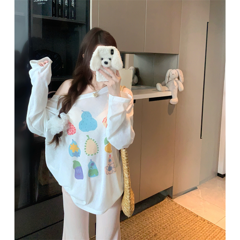 실사 빅 사이즈 여름 지방 mm 화이트 오프숄더 맨위 긴팔 마이크로 ~을 통해 얇은 스타일 자외선 차단 블라우스 티셔츠 여성 의류 비스듬한 어깨