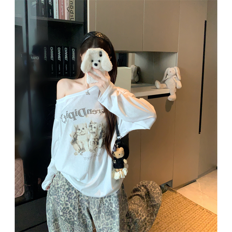 실사 빅 사이즈 여름 지방 mm 레트로 고양이 프린트 오프숄더 맨위 차가운 센스 자외선 차단 블라우스 긴팔 티셔츠 비스듬한 어깨