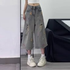 批发~美式<b class='q'>街头</b>破洞小狗刺绣牛仔短裤男女夏潮牌宽松直筒七分裤子