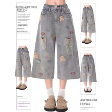 批发~美式<b class='q'>街头</b>破洞小狗刺绣牛仔短裤男女夏潮牌宽松直筒七分裤子