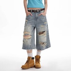 批发~大码美式<b class='q'>街头</b>水洗浅色破洞七分裤夏宽松休闲阔腿牛仔短裤潮