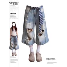 批发~大码美式<b class='q'>街头</b>水洗浅色破洞七分裤夏宽松休闲阔腿牛仔短裤潮