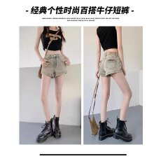 批发现货~美式牛仔短裤<b class='q'>女</b><b class='q'>童</b>复古做旧高腰小个子宽松设计超短阔腿热裤