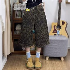 批发~美式复古豹纹七分裤女夏<b class='q'>街头</b>嘻哈跳舞裤子宽松阔腿牛仔短裤