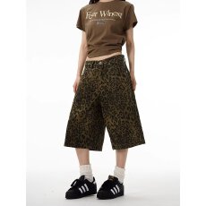 批发~美式复古豹纹七分裤女夏<b class='q'>街头</b>嘻哈跳舞裤子宽松阔腿牛仔短裤