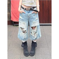 批发~美式复古蓝色破洞牛仔七分裤女夏<b class='q'>街头</b>嘻哈宽松五分裤短裤子