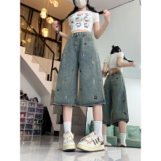 批发实拍~童趣小狗刺绣<b class='q'>牛仔裤</b>女夏显瘦直筒宽松美式复古七分阔腿裤子