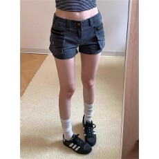 批发现货~大码美式复古工装口袋牛仔短裤女夏低腰水洗显瘦阔腿热裤子