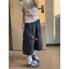 批发~大码设计感美式复古立体花朵工装裤夏<b class='q'>街头</b>宽松显瘦七分裤子