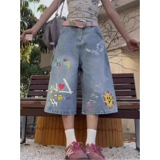 批发~大码美式涂鸦水洗牛仔短裤女夏胖mm宽松<b class='q'>街头</b>百搭七分中裤子