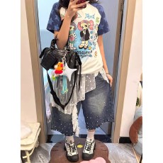 批发~大码设计感珍珠水洗牛仔短裤女夏<b class='q'>街头</b>宽松显瘦阔腿七分裤子