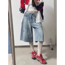 批发~大码卡通猫咪印花牛仔短裤女夏季胖mm<b class='q'>街头</b>显瘦涂鸦七分裤子