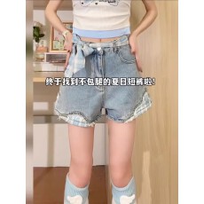 批发~大码设计感蝴蝶结绑带牛仔短裤女夏季<b class='q'>街头</b>辣妹显瘦A字热裤子