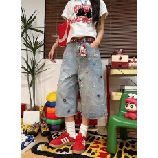 批发现货~大码复古多巴胺彩色纽扣七分牛仔裤女<b class='q'>夏</b>季八分中裤阔腿短裤