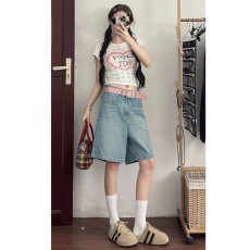 批发现货~浅色破洞牛仔短裤女<b class='q'>夏</b>大码胖mm宽松显瘦梨型身材五分阔腿裤