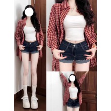 批发现货~大码复古美式牛仔短裤女<b class='q'>夏</b>薄款胖mm高腰深蓝色弹力直筒热裤