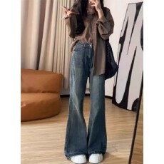 批发实拍~大码复古美式微喇叭牛仔裤女秋胖mm宽松高腰直筒阔腿拖地裤