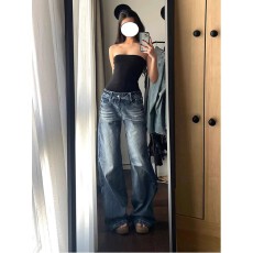 批发现货~大码美式高街微喇叭牛仔裤女<b class='q'>春</b>秋高腰设计感拖地长裤子潮
