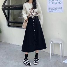 批发半身裙简约韩版休闲淑女宽松型A字裙长裙单排扣高腰<b class='q'>夏</b>季纯色