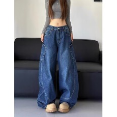 批发美式复古<b class='q'>街头</b>弯刀阔腿牛仔裤女秋冬新款宽松显瘦镰刀拖地裤子