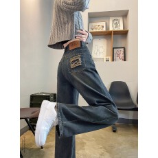 批发水泥灰牛仔裤女秋装新款高腰设计感阔腿窄版直筒磨破垂感