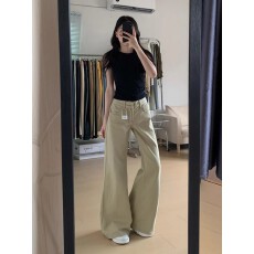 批发大码美式复古卡其色工装牛仔裤女秋季低腰胖mm宽松阔腿拖地长裤子