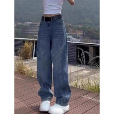 批发大码复古美式弯刀牛仔裤女秋季胖mm梨形身材高腰显瘦直筒阔腿裤子