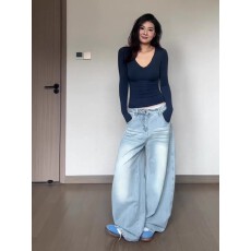 批发大码口袋刺绣低腰牛仔裤女秋季新款胖mm宽松显瘦美式阔腿裤子