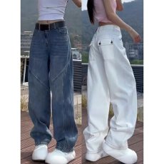 批发大码复古美式弯刀牛仔裤女秋季胖mm梨形身材高腰显瘦直筒阔腿裤子