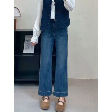 批发九分直筒牛仔裤女秋季新款大码梨形身材遮胯显瘦高腰窄版阔腿裤