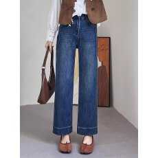 批发蓝色直筒牛仔裤女秋季款大码胖mm梨形身材高腰弹力显瘦九分阔腿裤