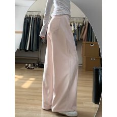 批发弯刀裤胖mm显瘦裤子女款秋冬季梨形身材宽松慵懒风粉色阔腿牛仔裤