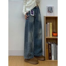 批发大码窄版直筒裤女新款弯刀裤梨型身材胖妹妹小个子阔腿牛仔裤